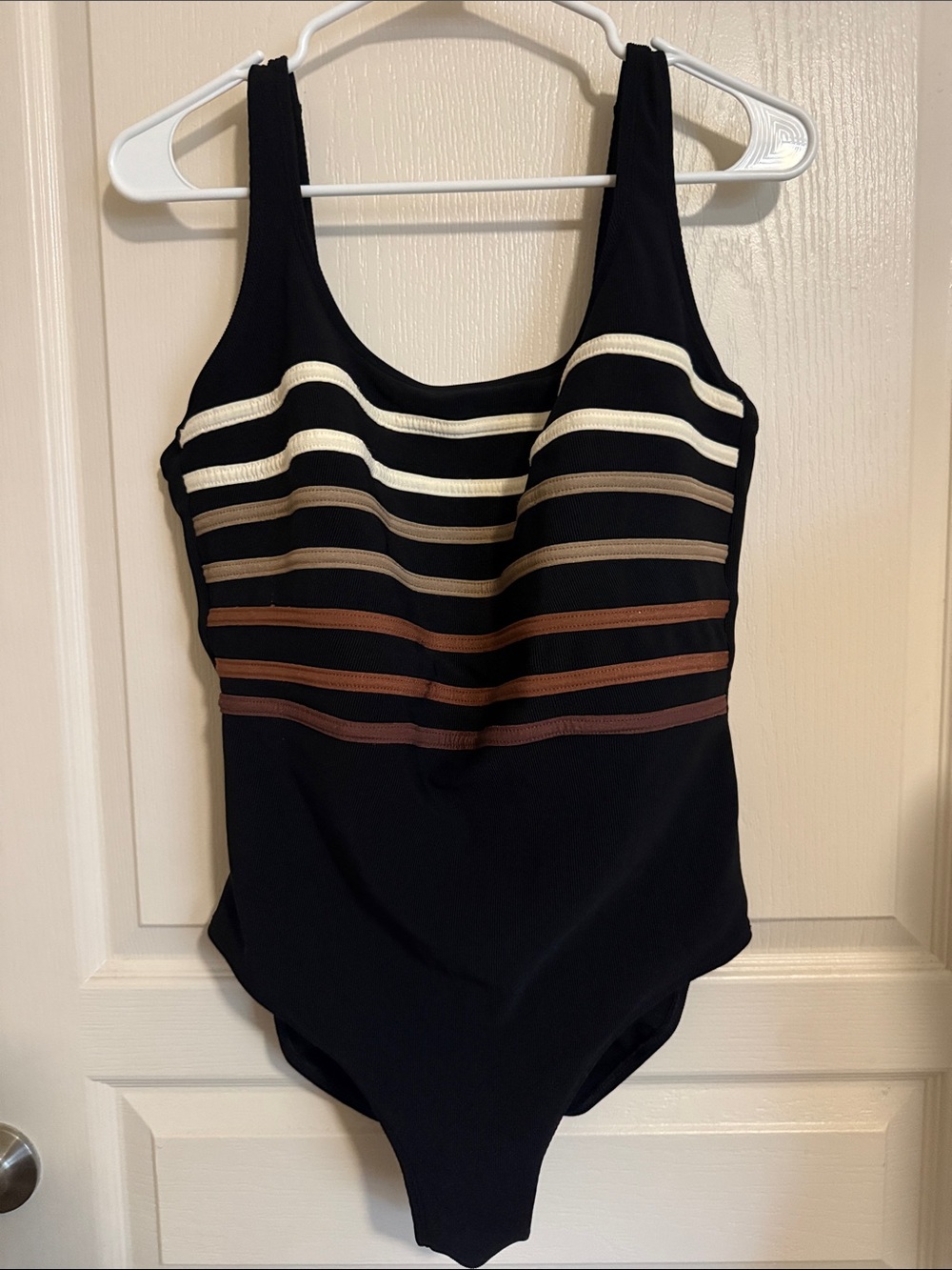 Black Longitude 1-Piece Swimsuit with Cream, Tan and Brown Stripes Sz 14